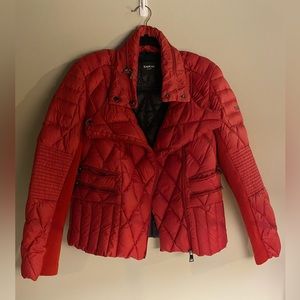 Bebe Ladies Large red jacket Moto style quilted puffer with some knit on arms